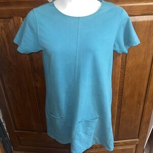 Delicates Spa Nightgown Teal Blue 100% Cotton Front Pockets S/S See Measurements